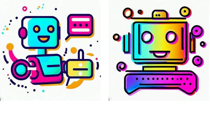 two colorful robots communicating as drawn by Bing create